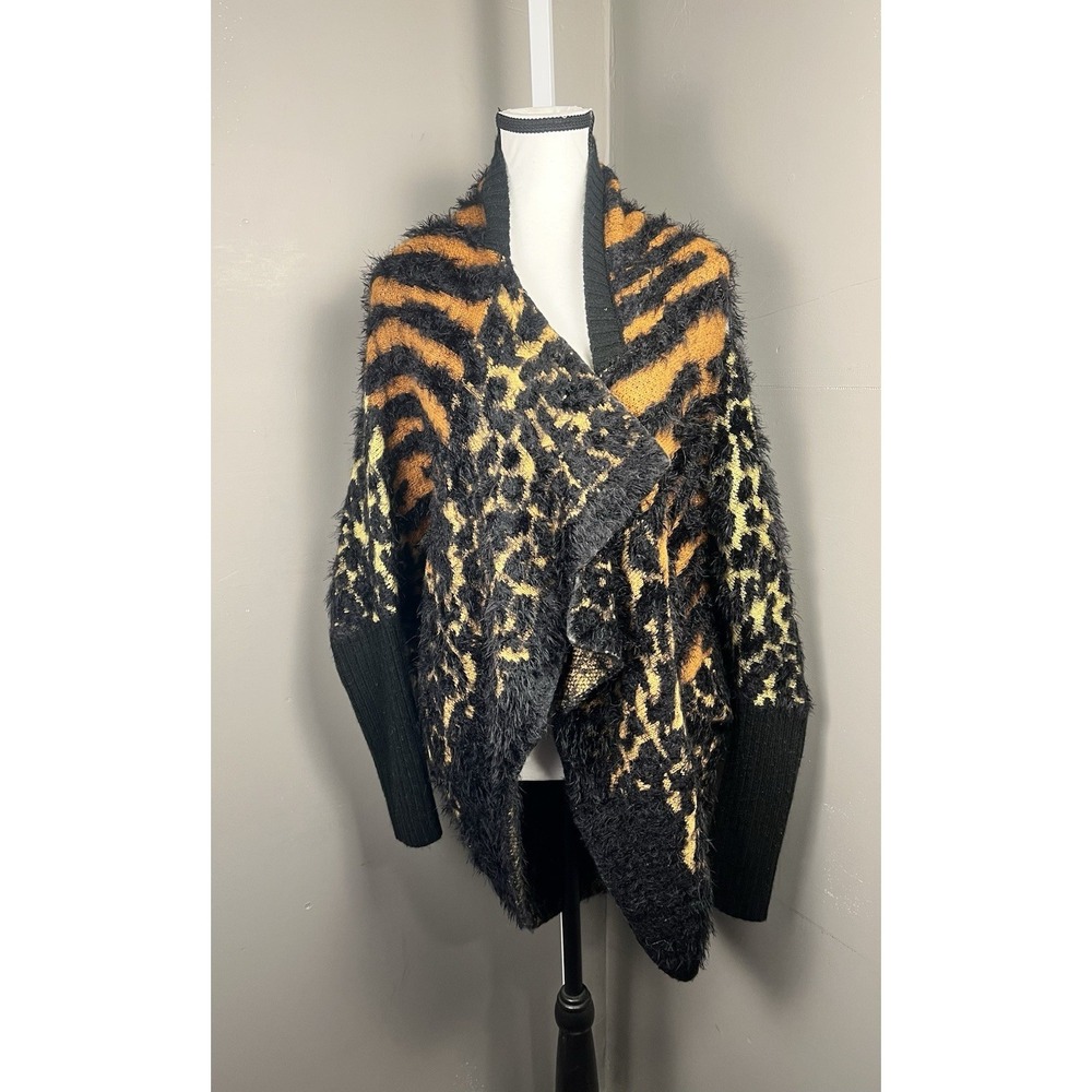 Max Sport Open Front Cardigan Eyelash Knit Black Orange Animal Print M/L